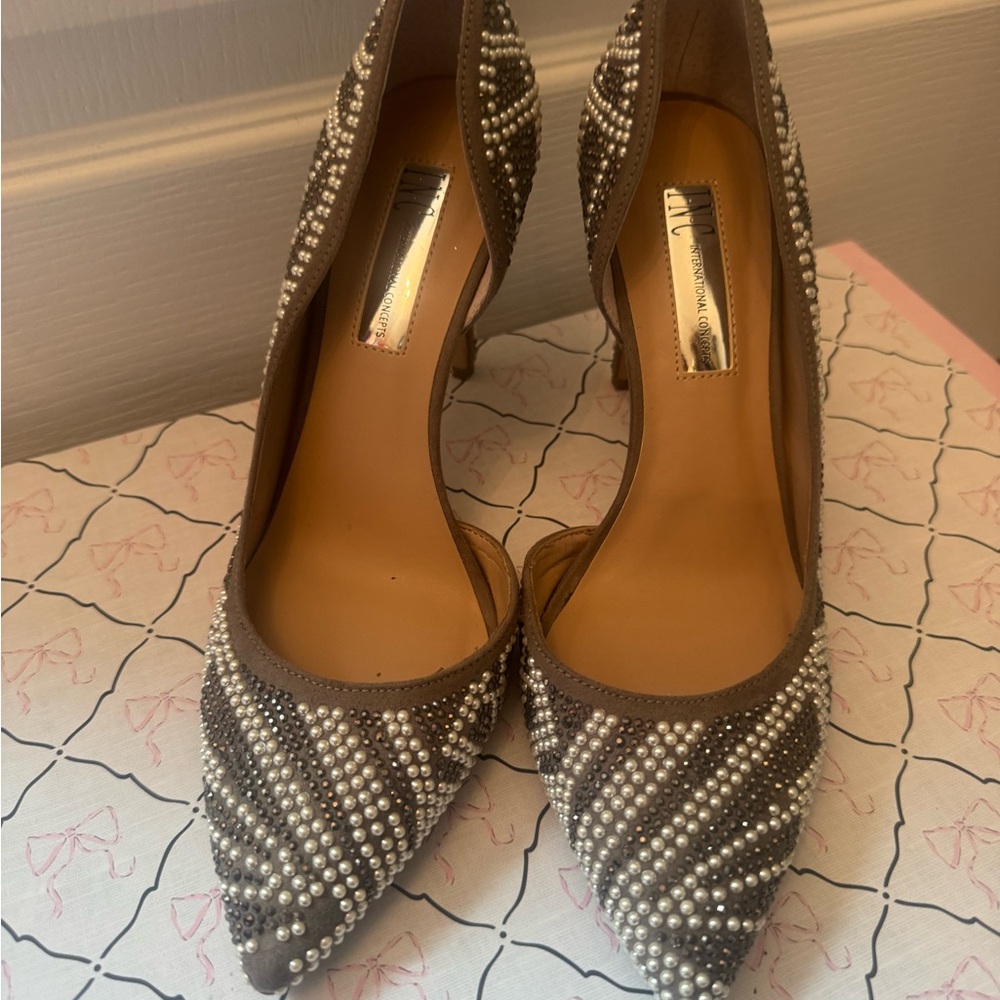 INC International Concepts Taupe Pearl-Embellished Pointed-Toe Pumps